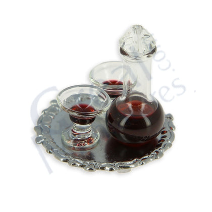 VASSOIO METALLO,DECANTER E 2 BICCHIERI VETRO