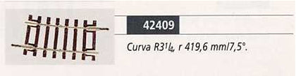 BINARIO CURVO R3(1/4) 419.6 mm 7.5° ROCO LINE H0